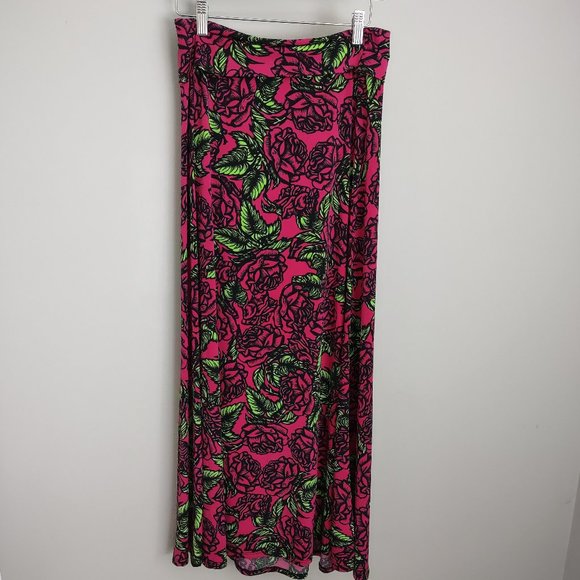 LuLaRoe Vibrant Pink Rose Print Maxi Skirt - Picture 2 of 8